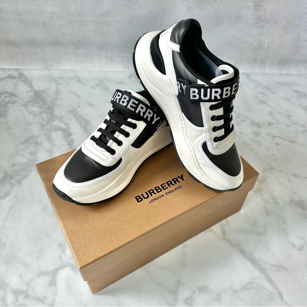 Burberry Ronnie Two Tone Black Optic White Leather Sneakers EU 41